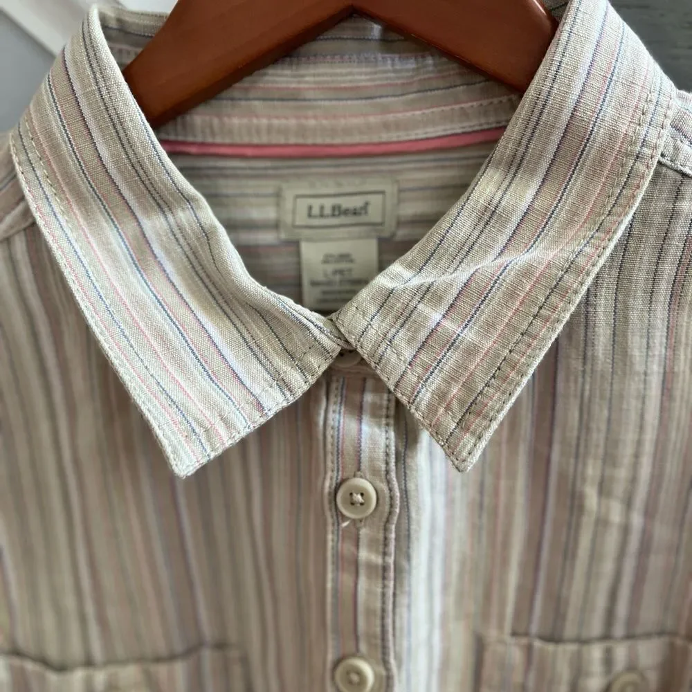 L.L. Bean Linen Blend Striped Belted Shirt Dress sz LP EUC
